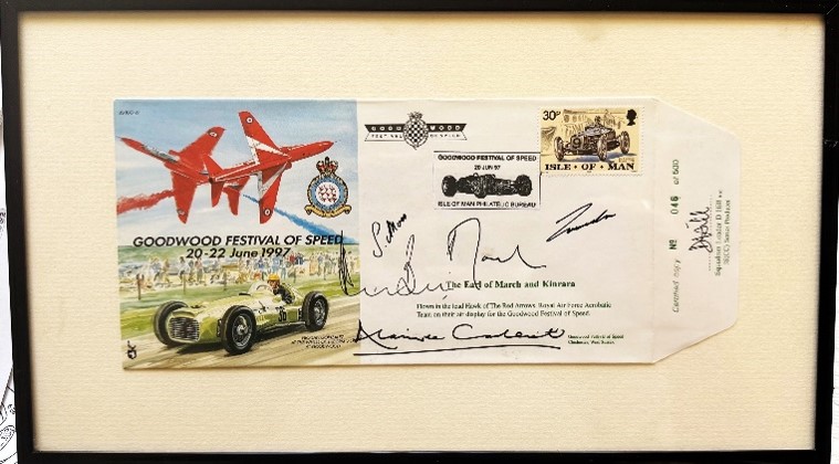 Extremely rare 1997 Isle of Man stamped Festival of Speed pass holder. Original signatures of Stirling Moss, Lord March, Nicki Lauda, Derek Bell, Alain DeCadenet plus Squadron Leader D. Hill 14"x7.5" $1450