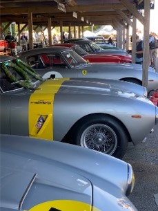 Vintage silver sports cars with yellow racing panels line